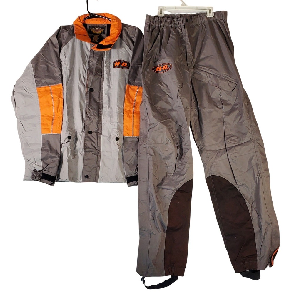 Harley Davidson Mens Rain Suit Gray Orange Motorcycle Jacket Pants Set Small
